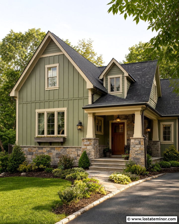 Sage Green Board and Batten With Stone Siding - 30 Sage Green House Design With Board and Batten Ideas
