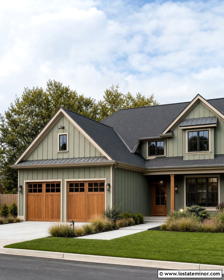 Sage Green Board and Batten With Wood Garage Doors - 30 Sage Green House Design With Board and Batten Ideas