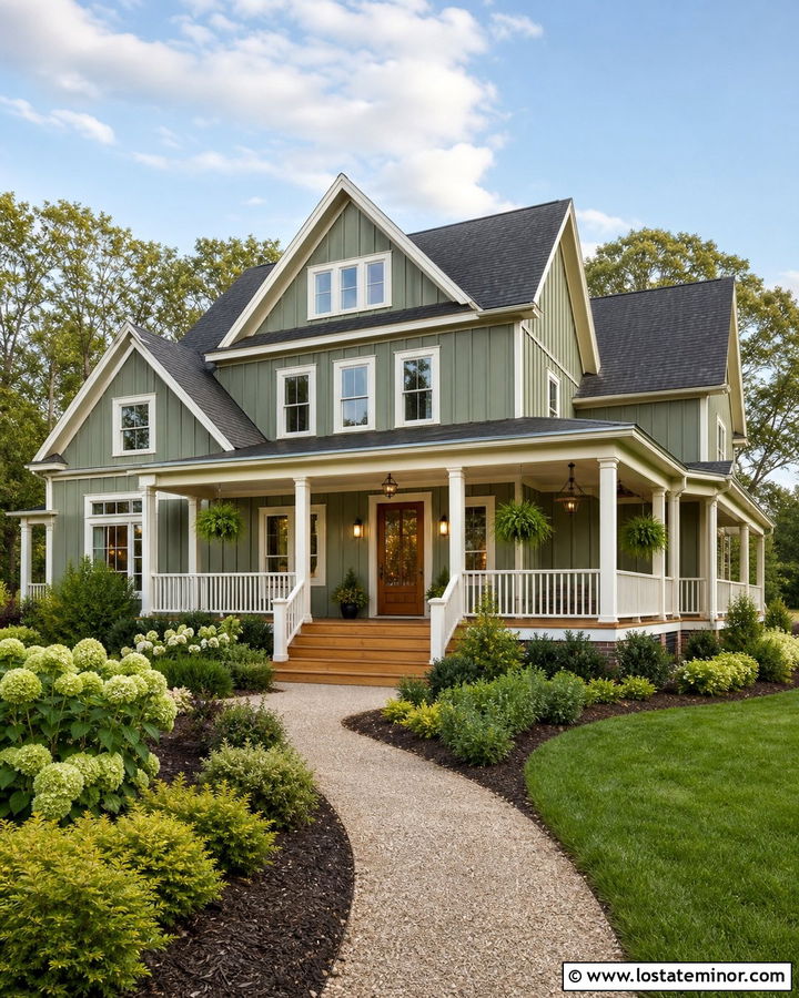 Sage Green Board and Batten With Wraparound Porch - 30 Sage Green House Design With Board and Batten Ideas