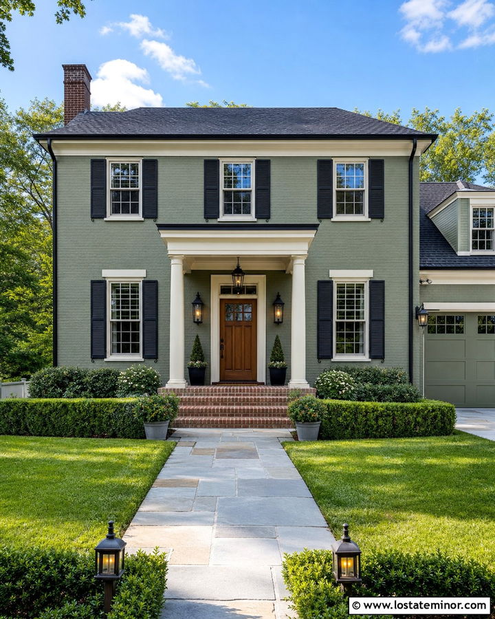 Sage Green Brick House With Black Lanterns - 30 Sage Green House Design With Light Fixtures Ideas
