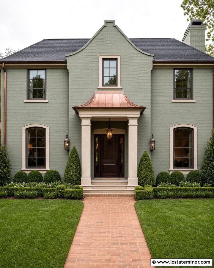 Sage Green Brick House With Copper Portico - 30 Sage Green House Design With Portico Ideas