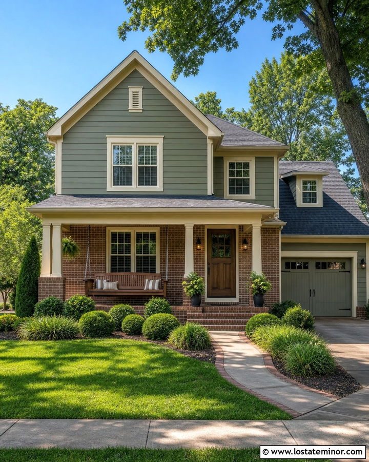 Sage Green Brick House With Wood Swing - 30 Sage Green House Design With Swing Ideas