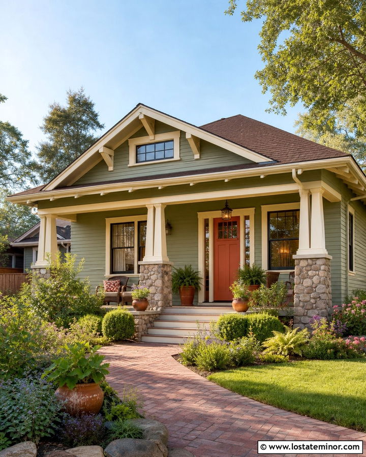 Sage Green Bungalow Siding With A Terracotta Door - 30 Sage Green House Design With Siding Ideas