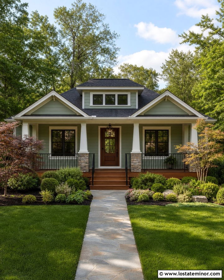Sage Green Bungalow With Black Deck Railing - 30 Sage Green House Design With Deck Ideas