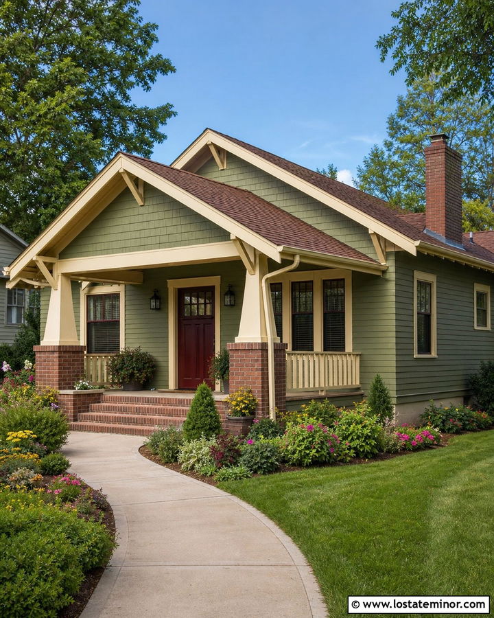 Sage Green Bungalow With Brick Porch Columns - 30 Sage Green House Design With Porch Columns Ideas