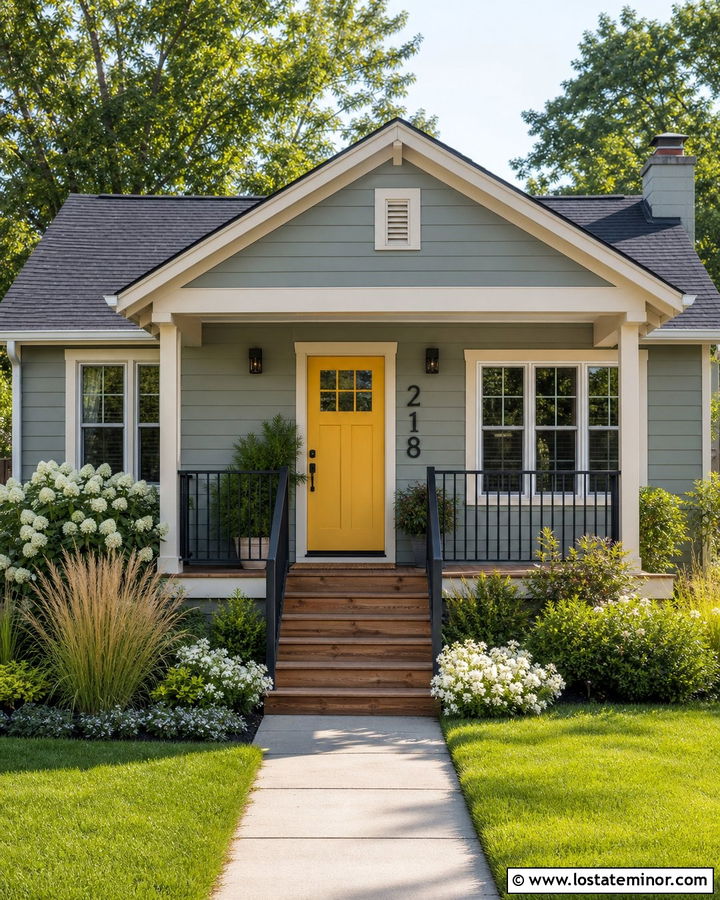 Sage Green Bungalow With Charcoal Numbers And Yellow Door - 30 Sage Green House Design With House Numbers Ideas