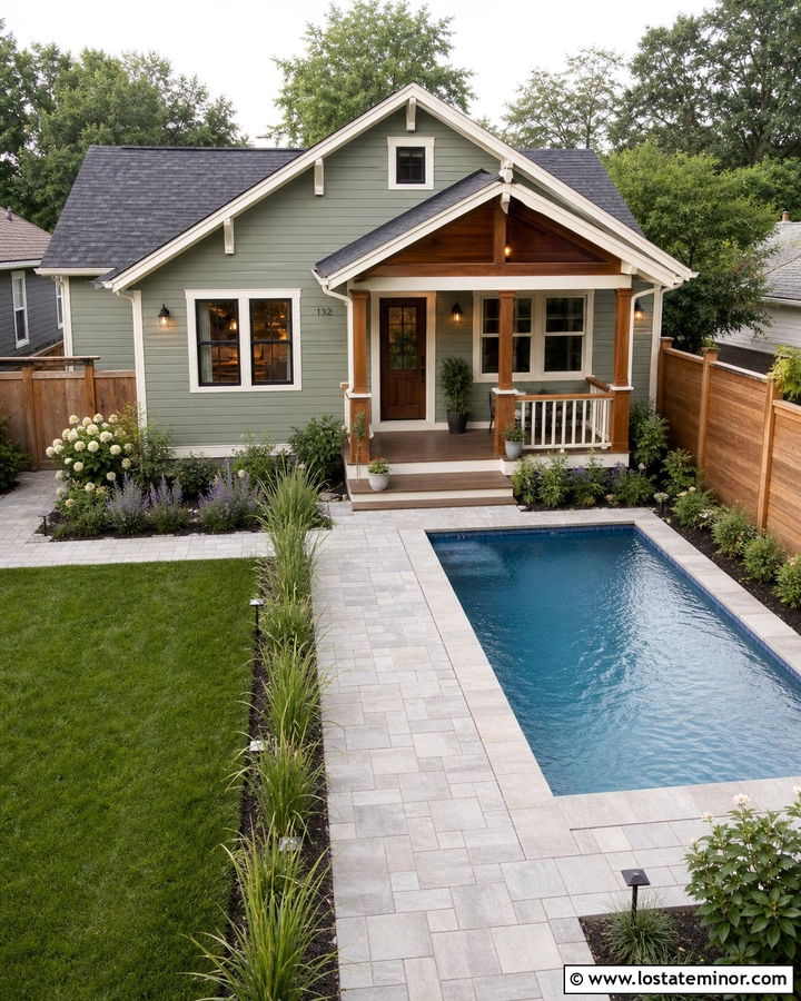 Sage Green Bungalow With Compact Backyard Pool - 30 Sage Green House Design With Swimming Pool Ideas