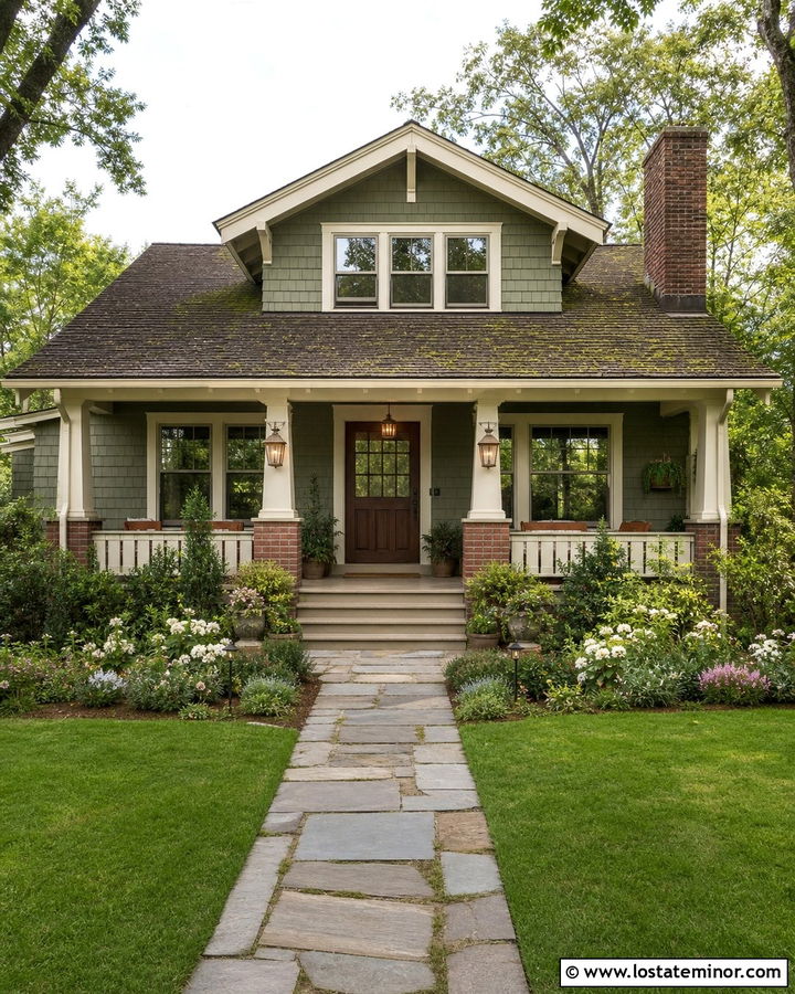 Sage Green Bungalow With Copper Porch Lights - 30 Sage Green House Design With Light Fixtures Ideas