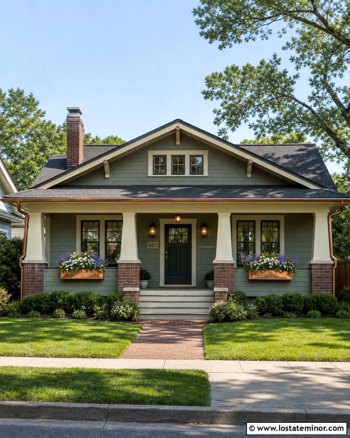 Sage Green Bungalow With Copper Window Boxes - 30 Sage Green House Design With Window Boxes Ideas