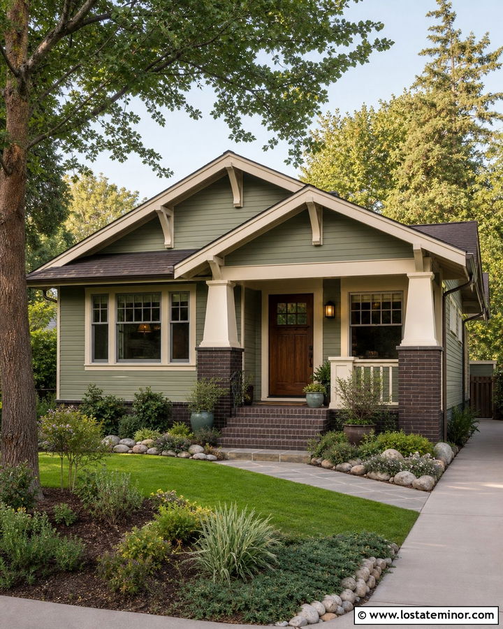 Sage Green Bungalow With Dark Brick - 30 Sage Green House Design With Brick Accents Ideas