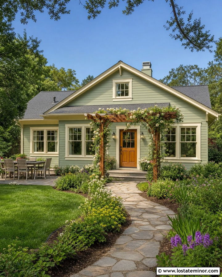 Sage Green Bungalow With Garden Arbor - 30 Sage Green House Design With Backyard Ideas