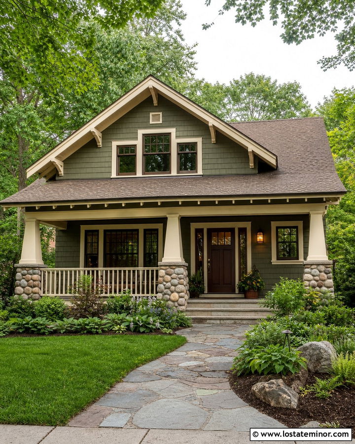 Sage Green Bungalow With Mossy Brown Shingles - 30 Sage Green House Design With Shingles Ideas