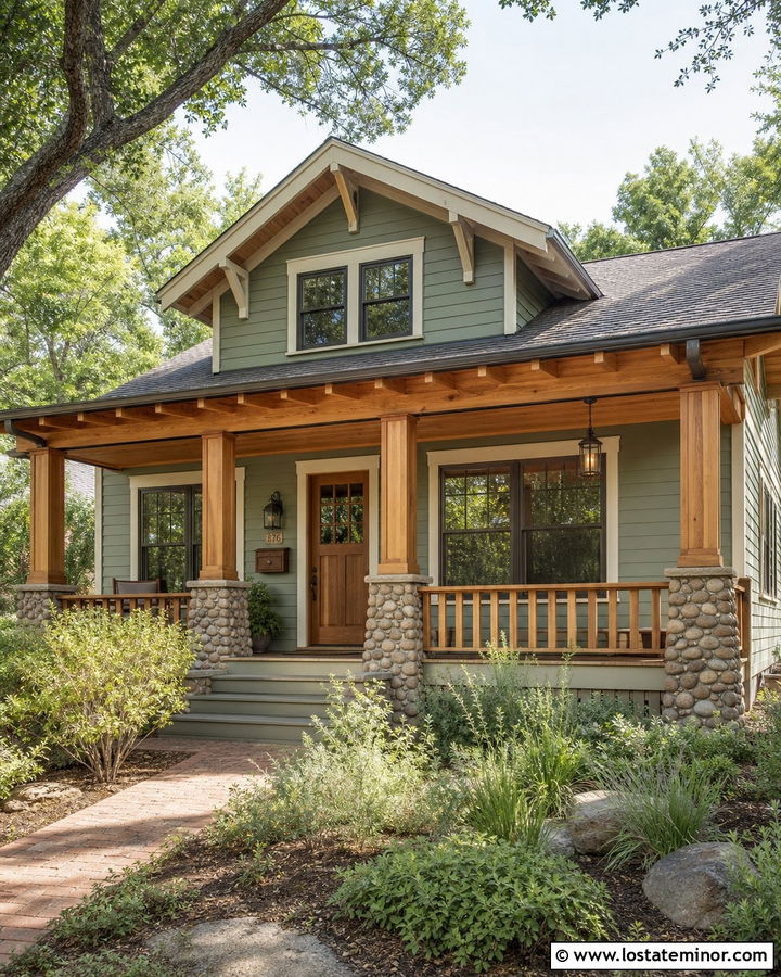 Sage Green Bungalow With Natural Cedar Porch Ceiling - 30 Sage Green House Design With Porch Ceiling Ideas