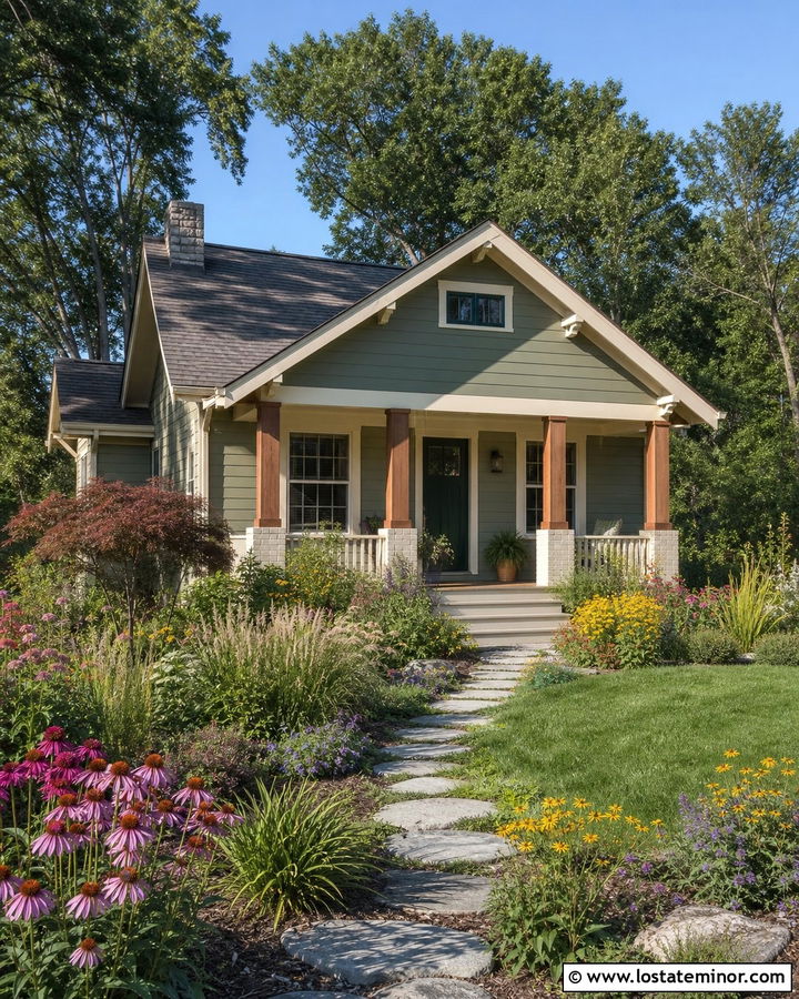 Sage Green Bungalow With Pollinator Garden - 30 Sage Green House Design With Landscaping Ideas