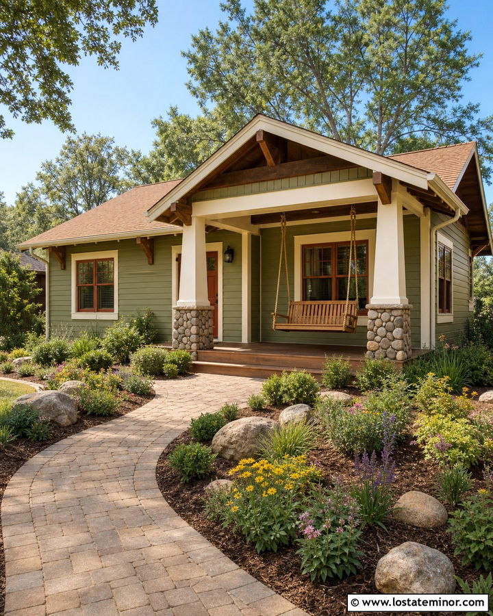 Sage Green Bungalow With Rope Porch Swing - 30 Sage Green House Design With Swing Ideas