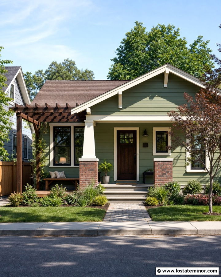 Sage Green Bungalow With Small Pergola - 30 Sage Green House Design With Pergola Ideas