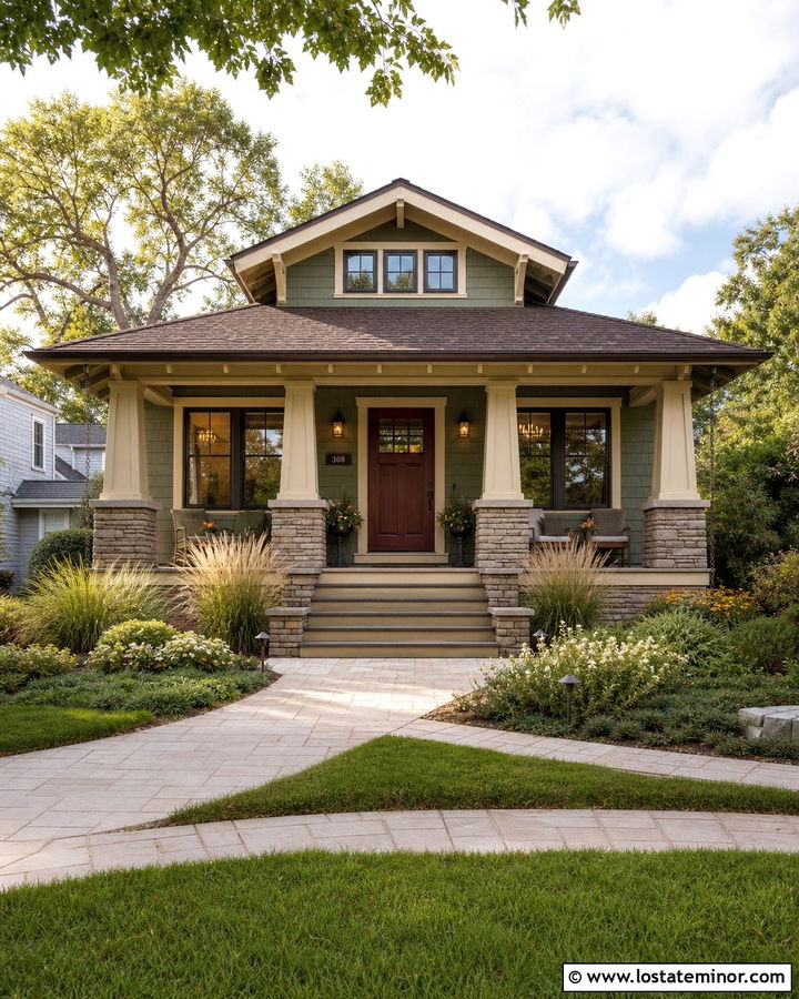 Sage Green Bungalow With Stacked Stone - 30 Sage Green House Design With Stone Accents Ideas