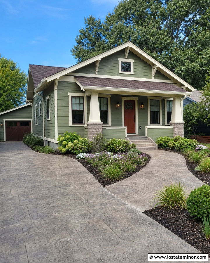 Sage Green Bungalow With Stamped Concrete Driveway - 30 Sage Green House Design With Driveway Ideas