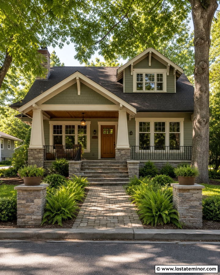 Sage Green Bungalow With Stone Porch Columns - 30 Sage Green House Design With Front Porch Ideas