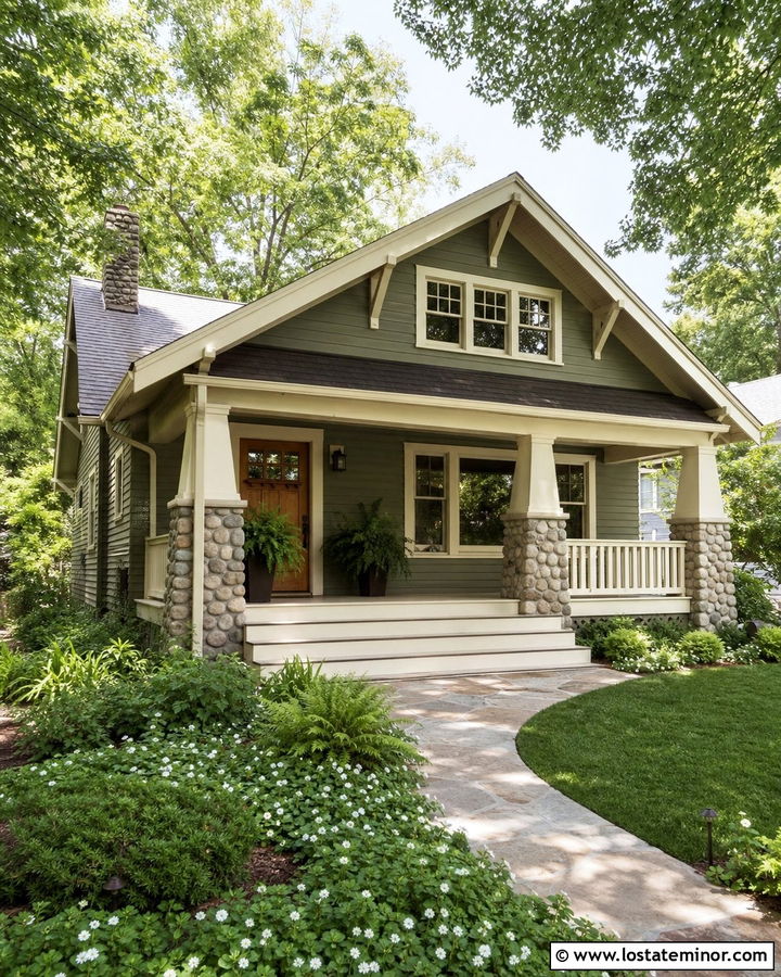 Sage Green Bungalow With Tapered Railings - 30 Sage Green House Design With Railings Ideas