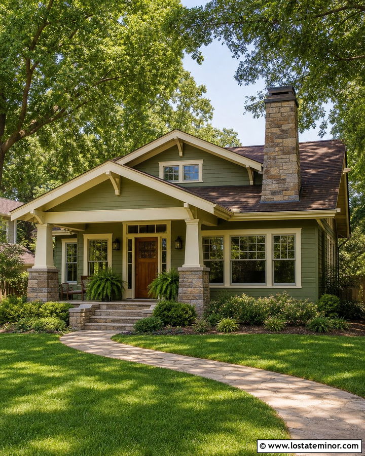 Sage Green Bungalow With Wide Chimney - 30 Sage Green House Design With Chimney Ideas