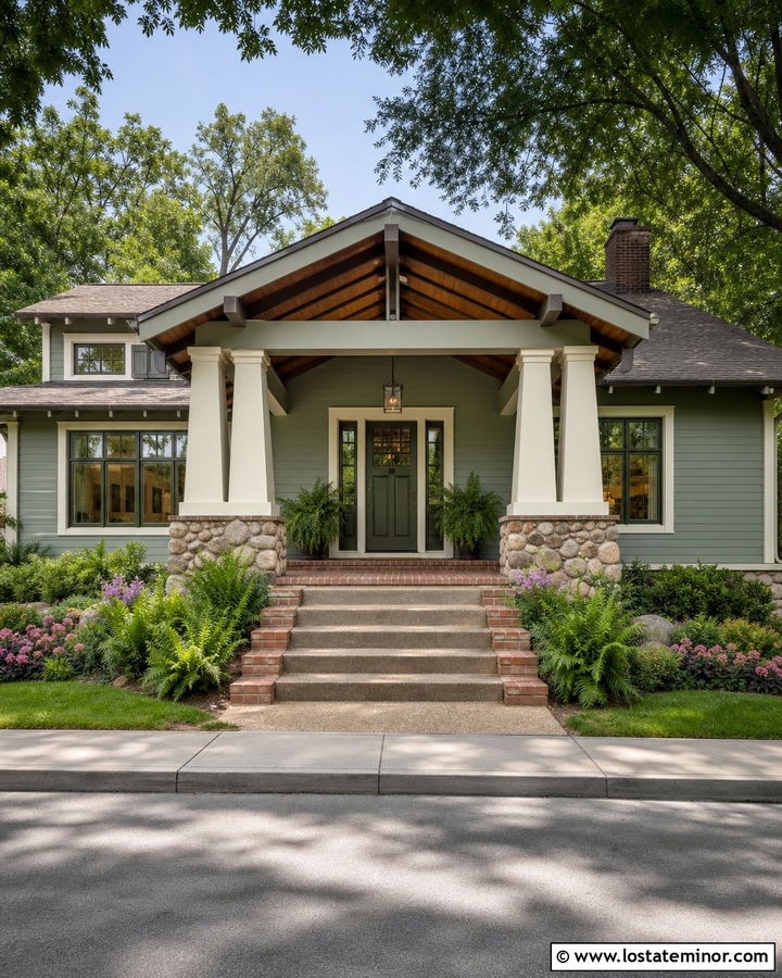Sage Green Bungalow With Wide Front Portico - 30 Sage Green House Design With Portico Ideas