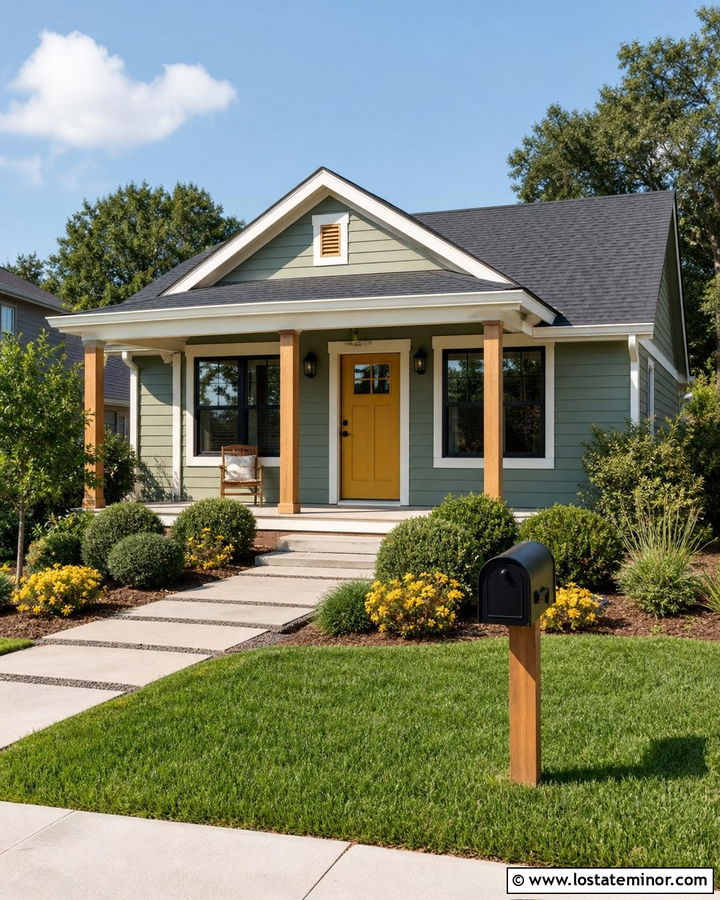 Sage Green Bungalow With Yellow Door And Black Mailbox - 30 Sage Green House Design With Mailbox Ideas
