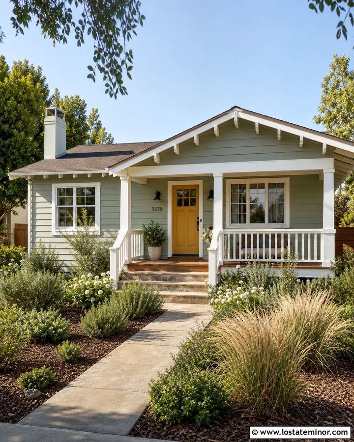 Sage Green Bungalow With Yellow Front Porch Door - 30 Sage Green House Design With Front Porch Ideas