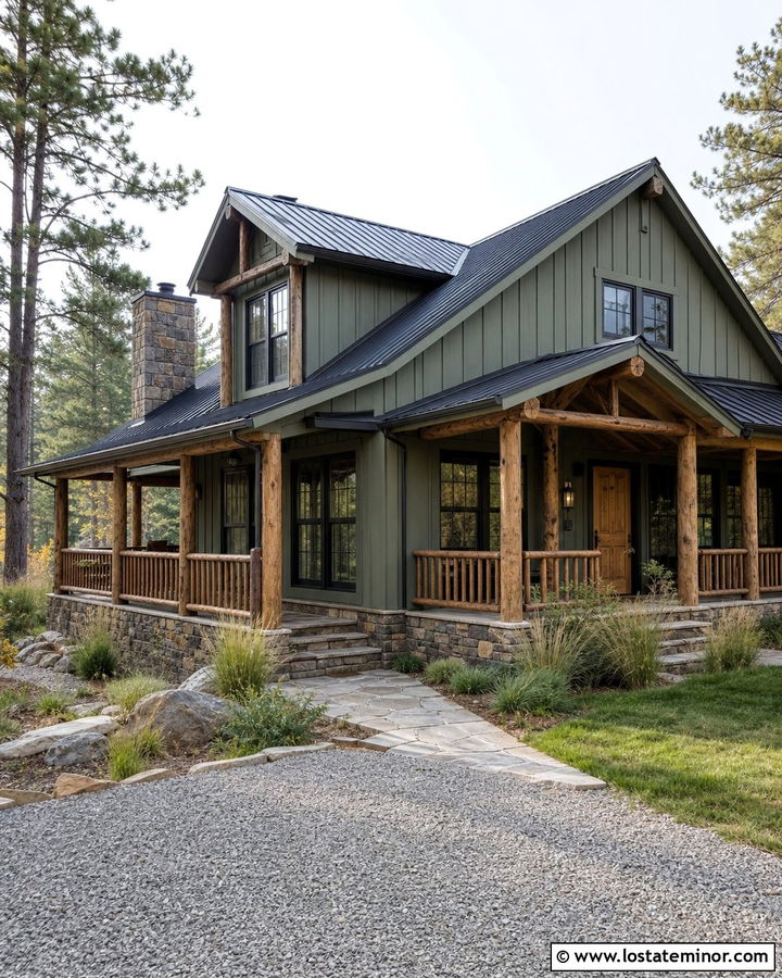 Sage Green Cabin With Log Railings - 30 Sage Green House Design With Railings Ideas