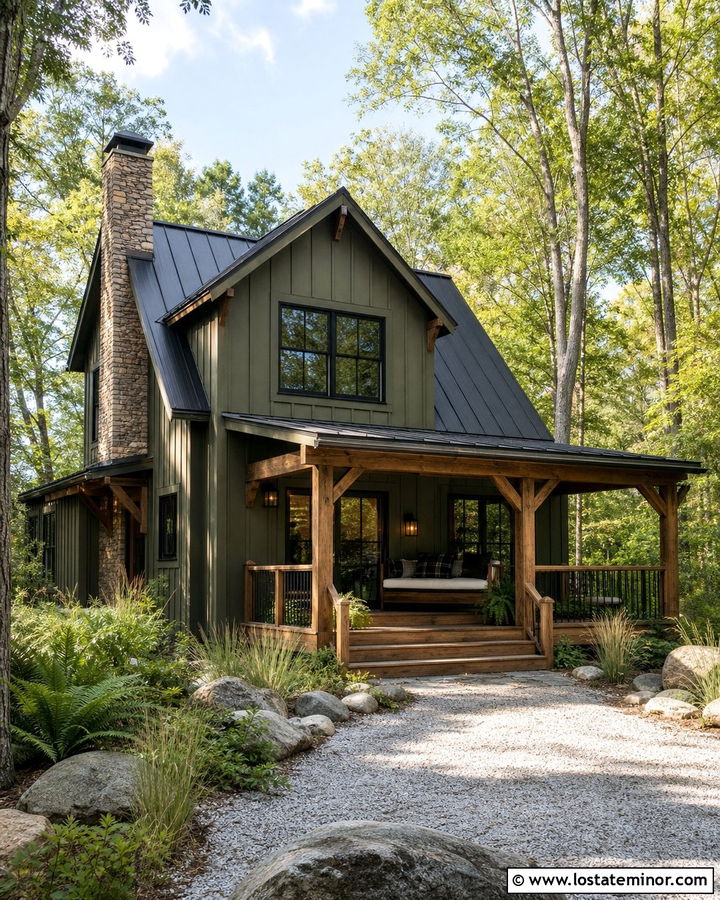 Sage Green Cabin With Rustic Outdoor Daybed - 30 Sage Green House Design With Daybed Ideas
