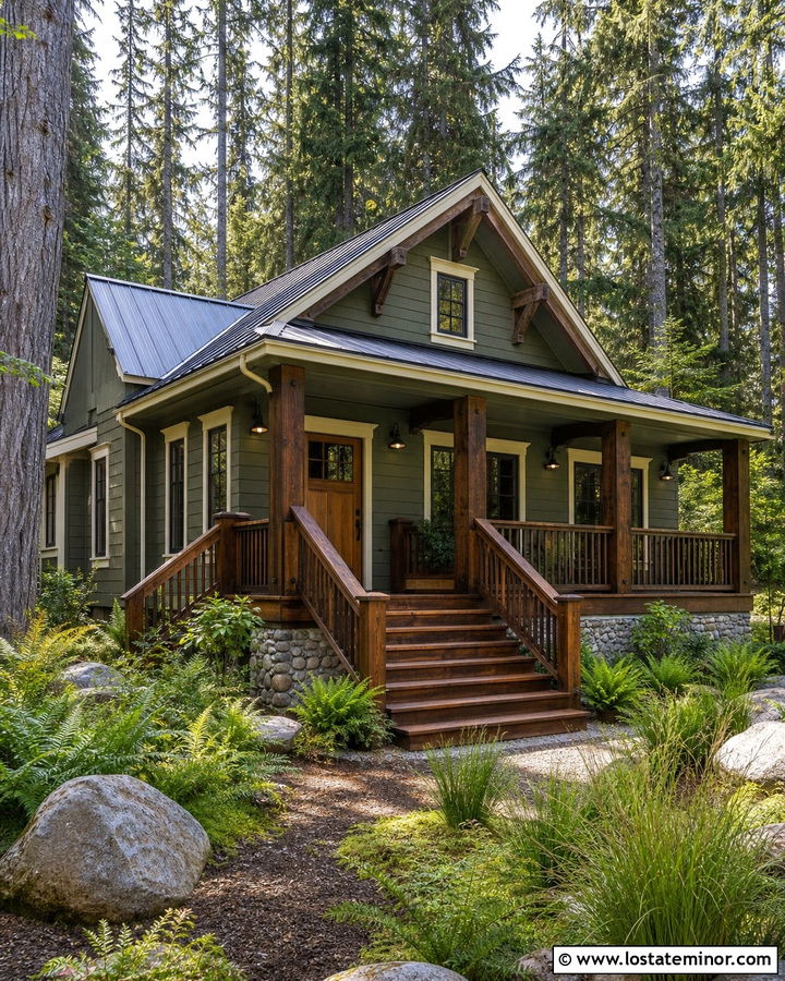 Sage Green Cabin With Rustic Timber Deck - 30 Sage Green House Design With Deck Ideas