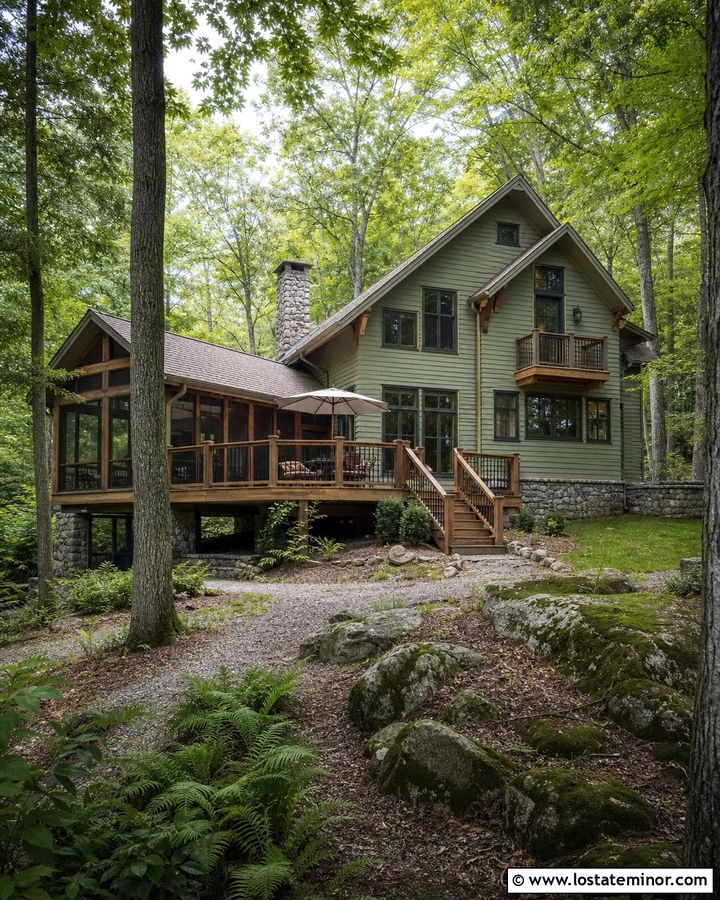 Sage Green Cabin With Wooded Backyard - 30 Sage Green House Design With Backyard Ideas
