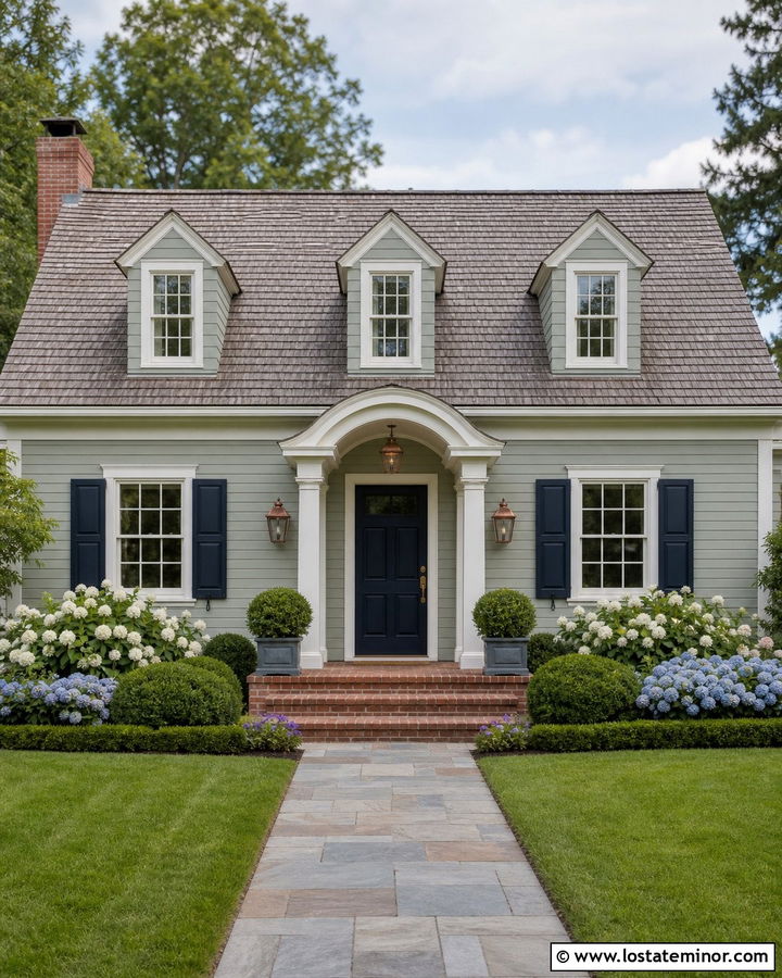 Sage Green Cape Cod House With Arched Portico - 30 Sage Green House Design With Portico Ideas