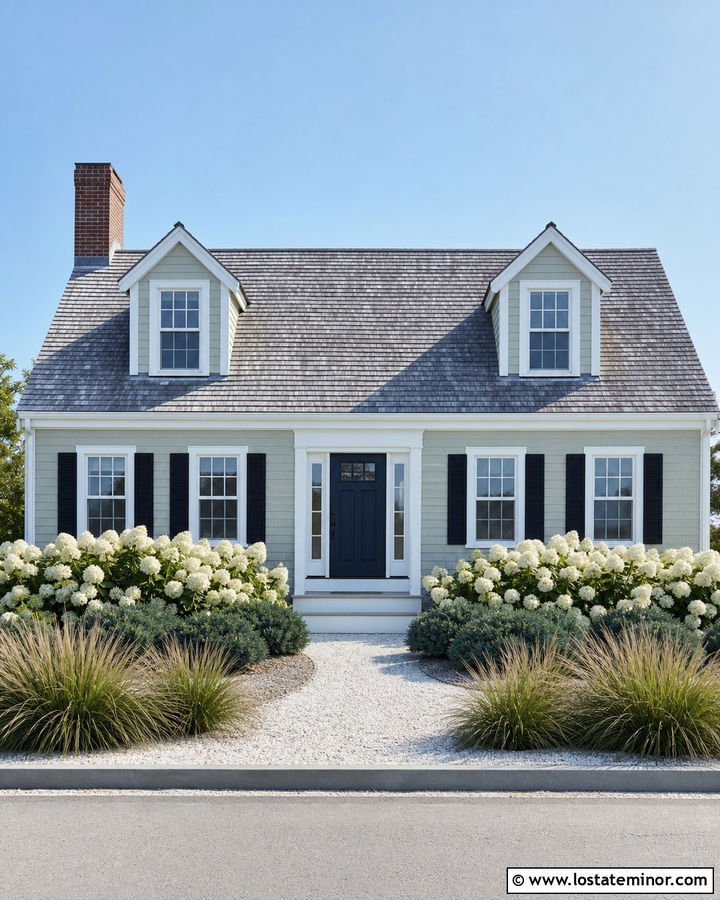 Sage Green Cape Cod House With Coastal Landscaping - 30 Sage Green House Design With Front Yard Ideas