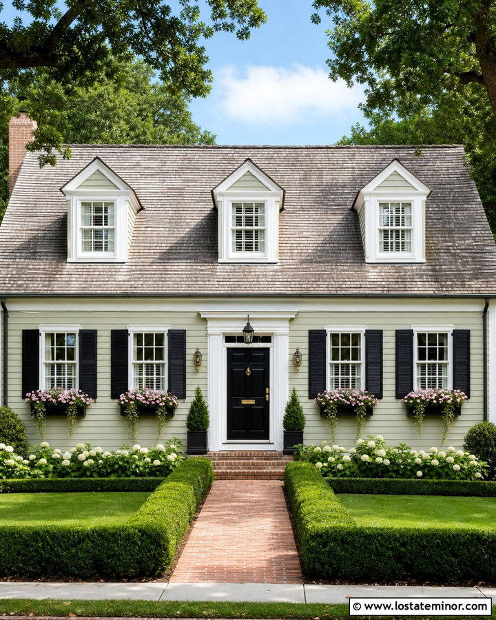 Sage Green Cape Cod With Black Window Boxes - 30 Sage Green House Design With Window Boxes Ideas