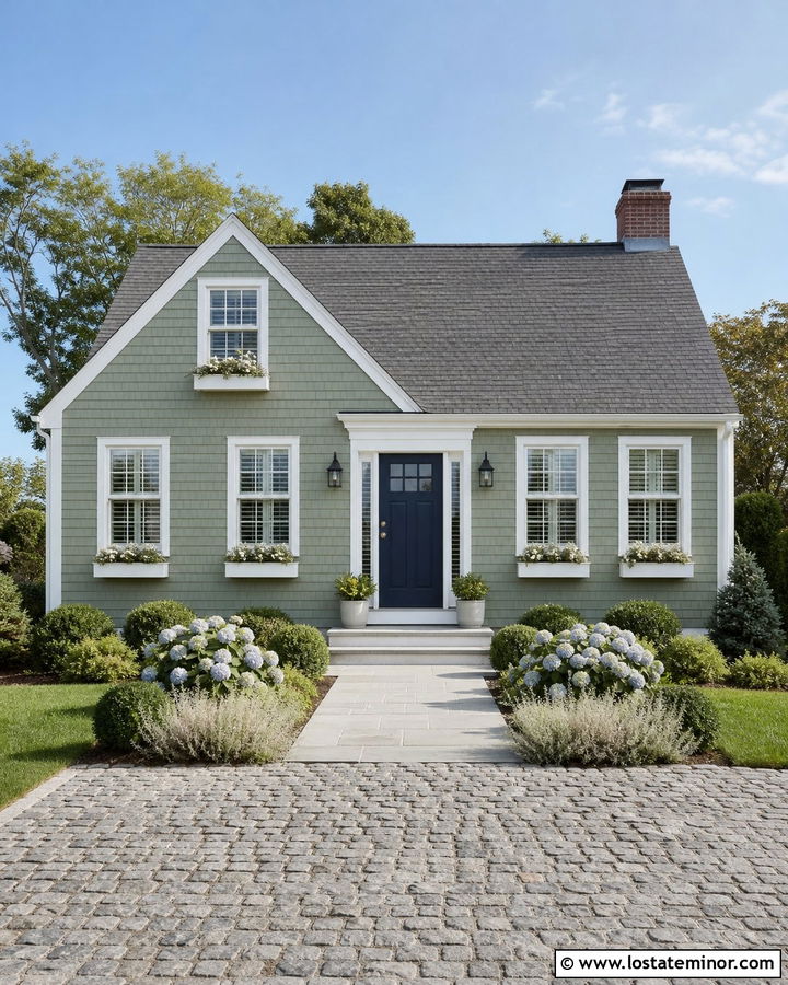 Sage Green Cape Cod With Cobblestone Driveway - 30 Sage Green House Design With Driveway Ideas