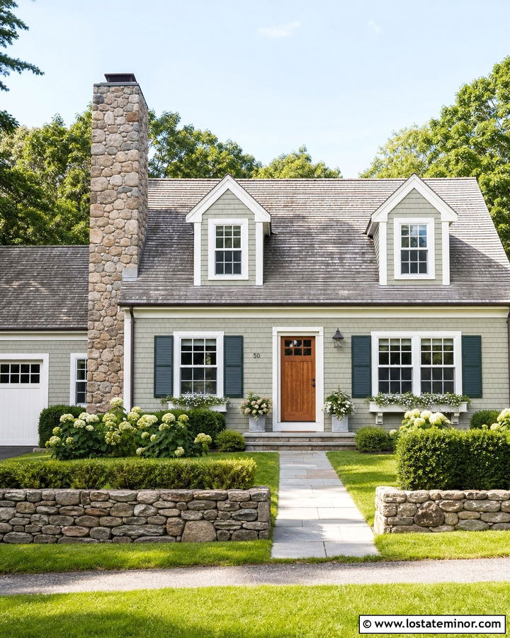 Sage Green Cape Cod With Fieldstone Chimney - 30 Sage Green House Design With Stone Accents Ideas