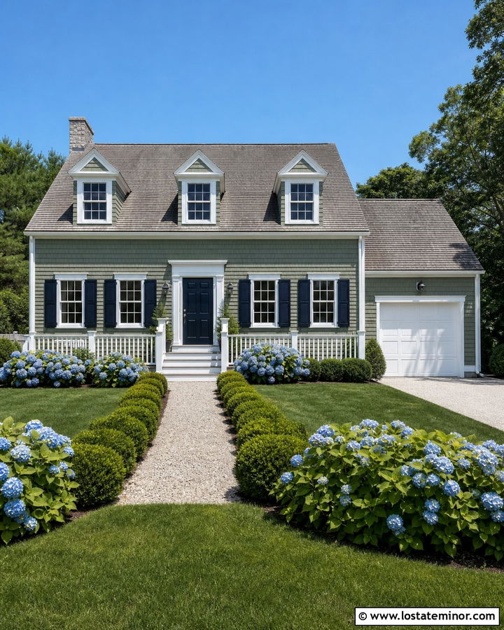 Sage Green Cape Cod With White Deck Railings - 30 Sage Green House Design With Railings Ideas