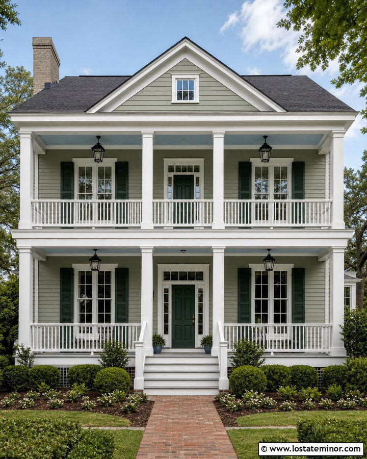 Sage Green Charleston House With Double Front Porch - 30 Sage Green House Design With Front Porch Ideas