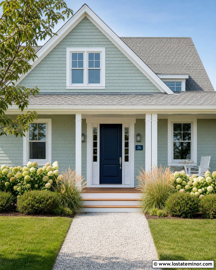 Sage Green Coastal Cottage With Navy Number Plaque - 30 Sage Green House Design With House Numbers Ideas