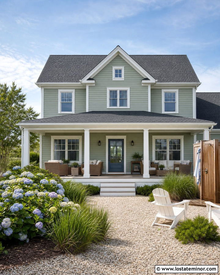 Sage Green Coastal House With Back Porch - 30 Sage Green House Design With Backyard Ideas