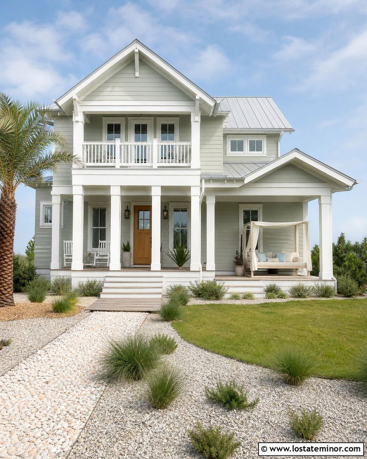 Sage Green Coastal House With Canopy Daybed - 30 Sage Green House Design With Daybed Ideas