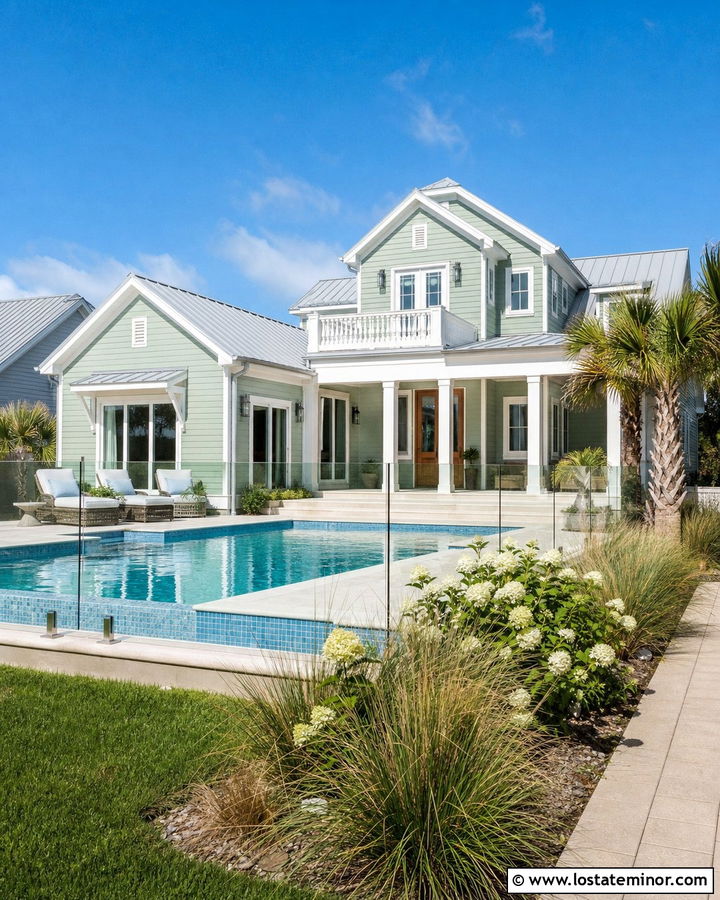 Sage Green Coastal House With Light Blue Pool Tile - 30 Sage Green House Design With Swimming Pool Ideas