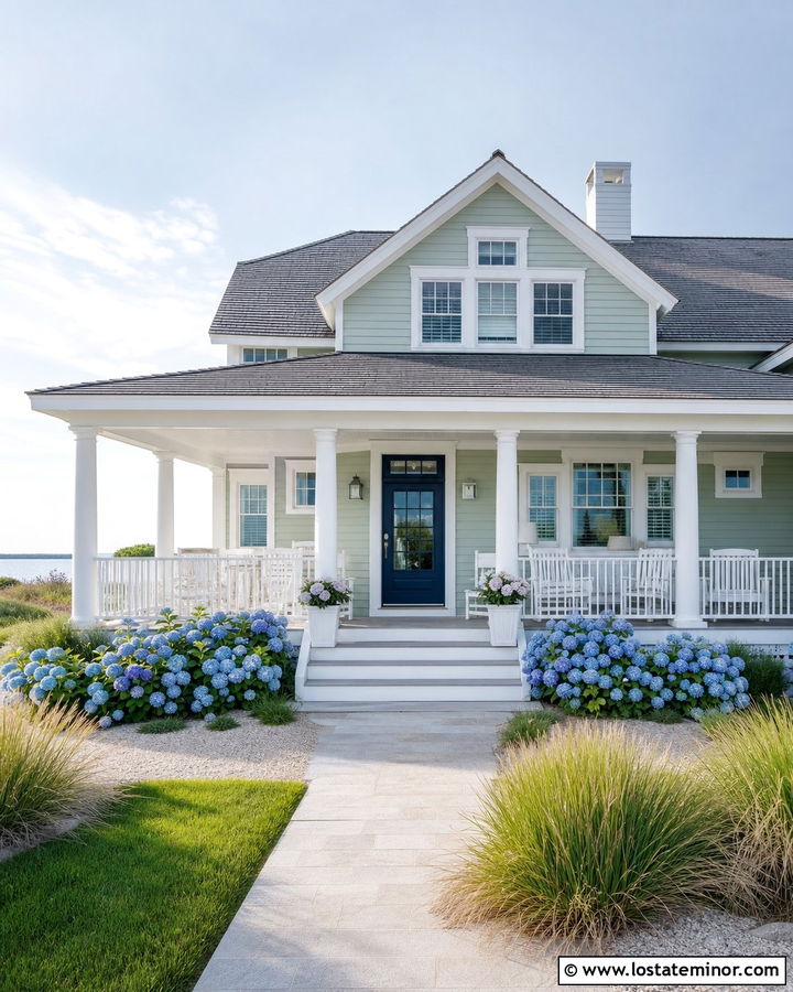 Sage Green Coastal House With Navy Front Porch Door - 30 Sage Green House Design With Front Porch Ideas