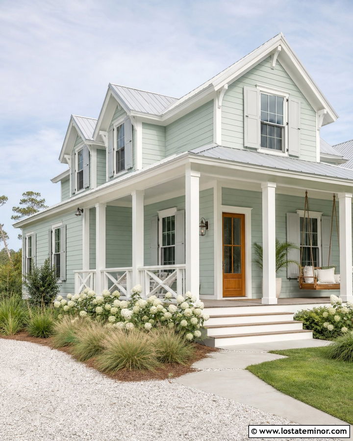 Sage Green Coastal House With Teak Swing - 30 Sage Green House Design With Swing Ideas