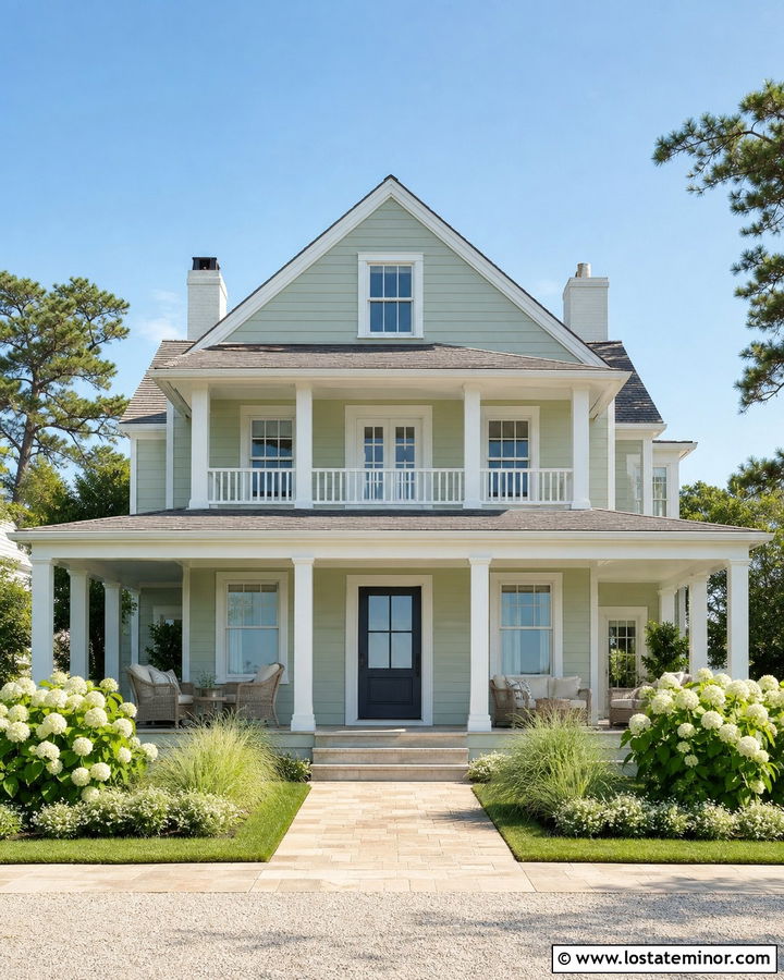 Sage Green Coastal House With White Porch Columns - 30 Sage Green House Design With Porch Columns Ideas