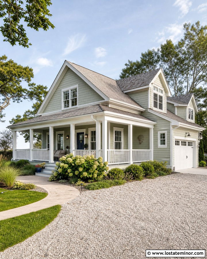 Sage Green Coastal Siding With White Railings - 30 Sage Green House Design With Siding Ideas