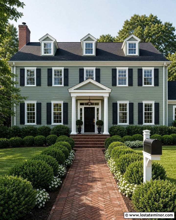 Sage Green Colonial House With Black Mailbox - 30 Sage Green House Design With Mailbox Ideas