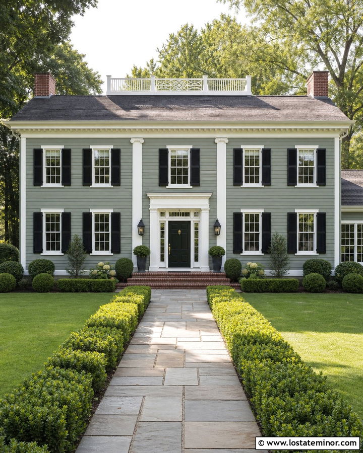 Sage Green Colonial House With Brass Accents - 30 Sage Green House Design With Accents Ideas