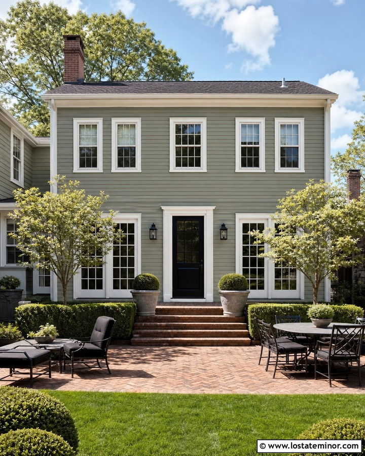 Sage Green Colonial House With Brick Terrace - 30 Sage Green House Design With Backyard Ideas